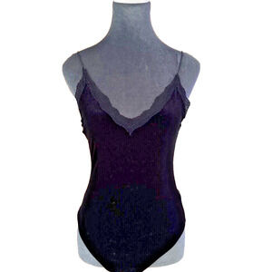 Forever 21 Black Velvet Lace Trim Bodysuit Goth Y2k